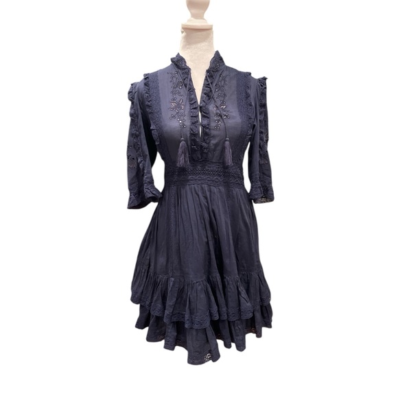 Sunday Best Navy Lace Cotton Mini Dress Cottagecore XS - Picture 3 of 16